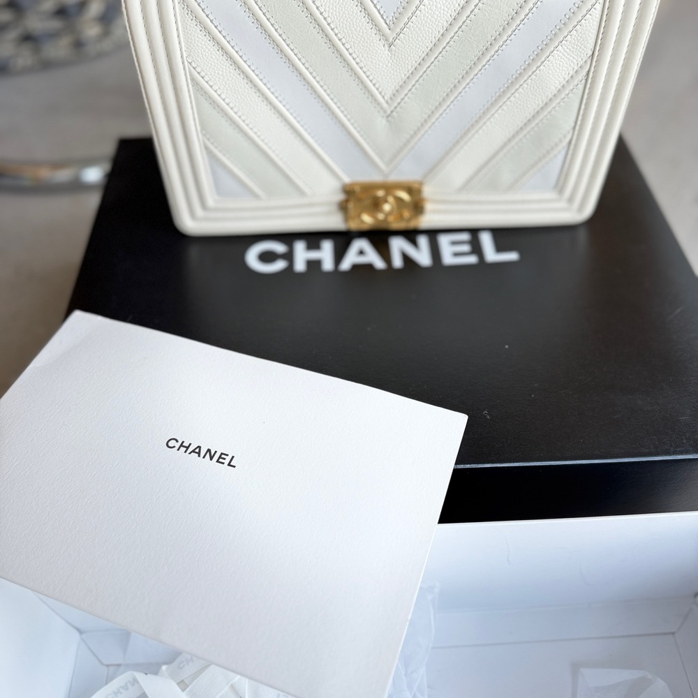 Chanel Chevron White Bag with Gold Accent